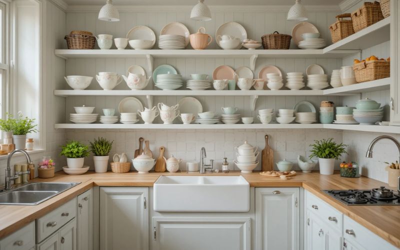 Cute pastel farmhouse kitchen with curved shelves and natural textures.