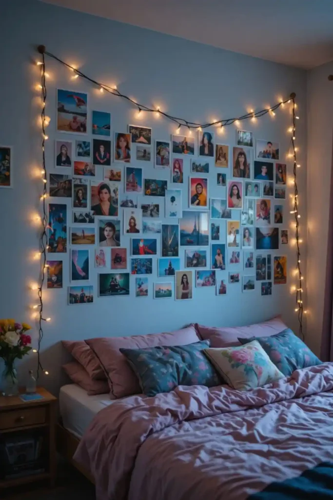 DIY photo collage wall in an indie room