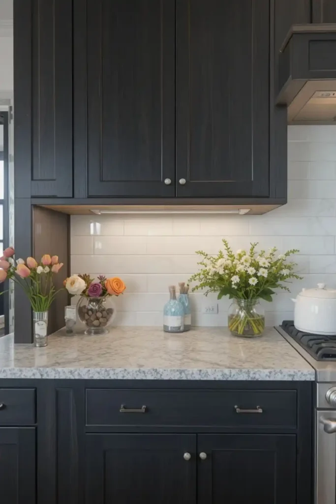 Dark cabinet kitchen with white subway tile backsplash.