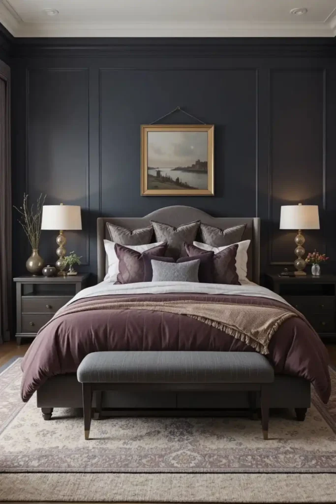 Deep color palette enhancing bedroom depth and richness