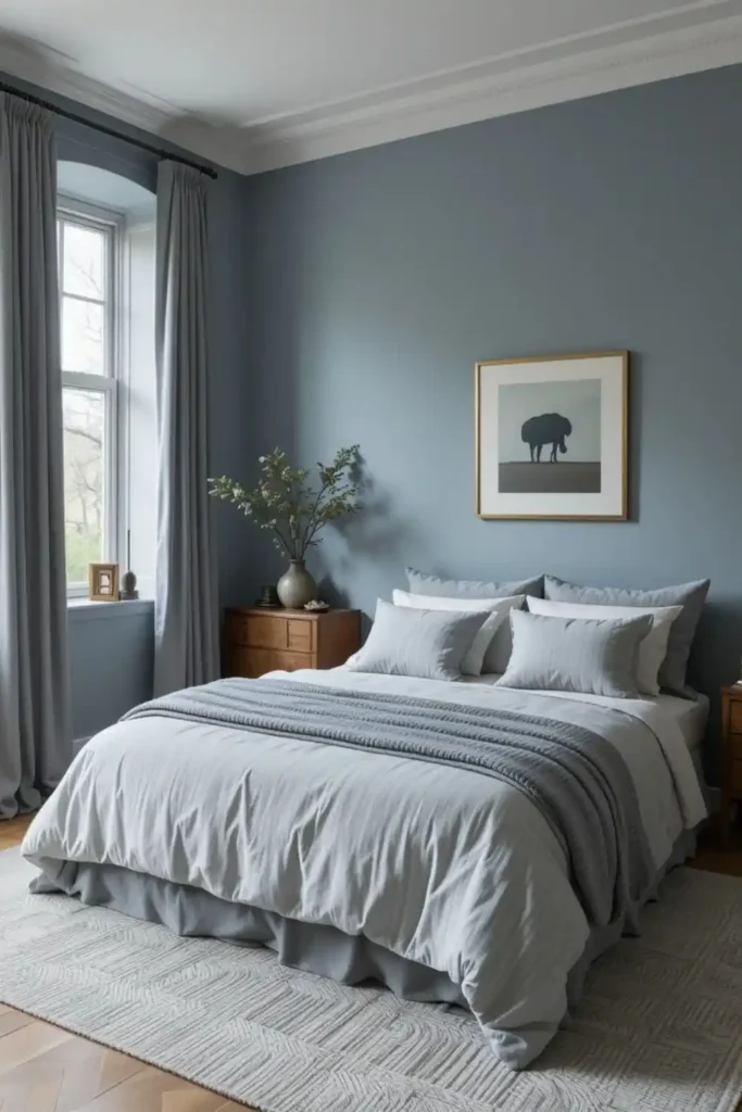 Dusty blue bedroom with calm and mature style