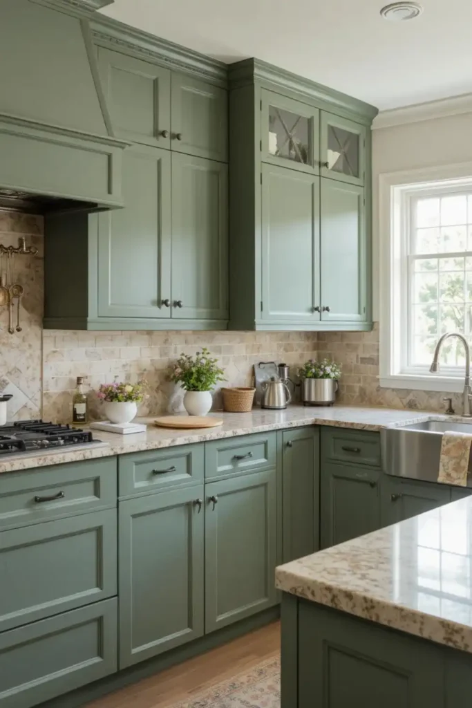 Earthy green kitchen cabinets natural design