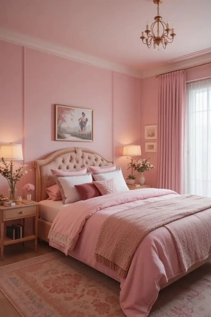Elegant monochromatic pink bedroom with texture and depth
