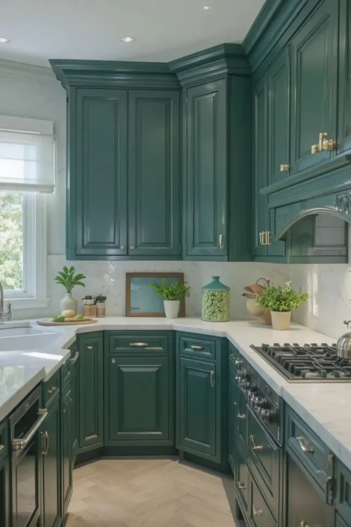 Emerald green kitchen cabinets statement design