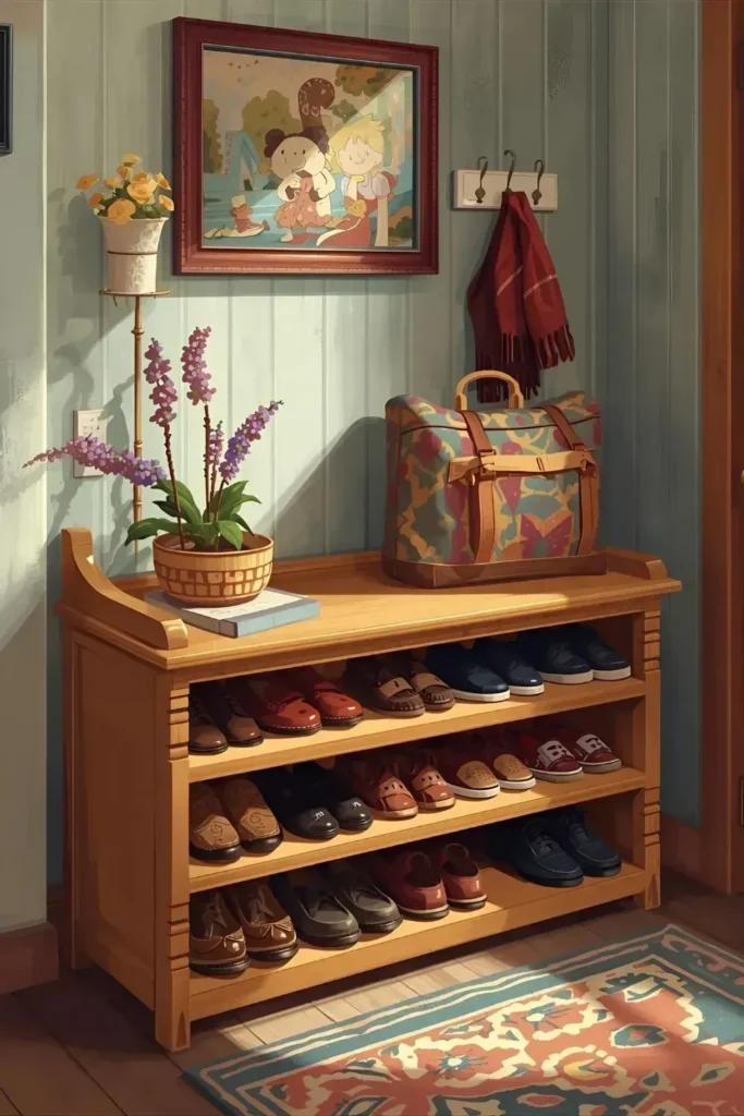 Entryway shoe rack bench with organized shoes on lower shelves.