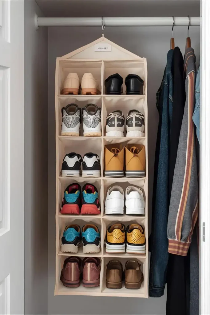 Fabric hanging shoe bag storing multiple pairs of shoes in a closet.
