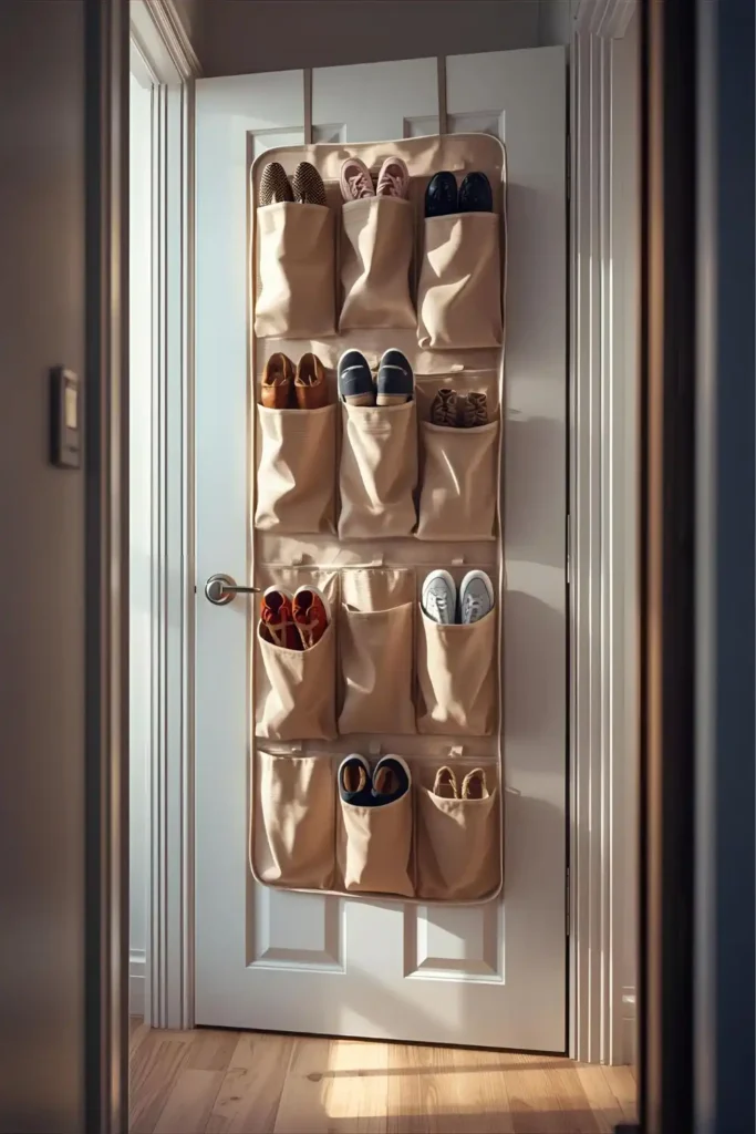 Fabric over-the-door shoe organizer with neatly arranged shoes.