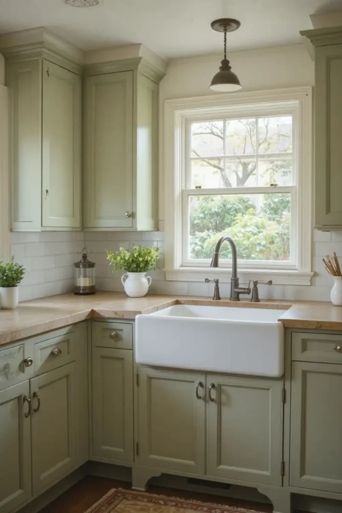 Farmhouse green kitchen cabinets style