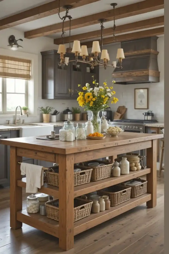 Farmhouse kitchen island with rustic wood and vintage décor