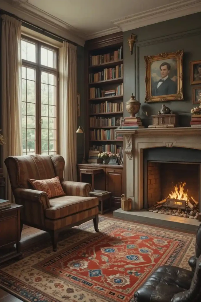 Fireplace creating warmth in a reading room
