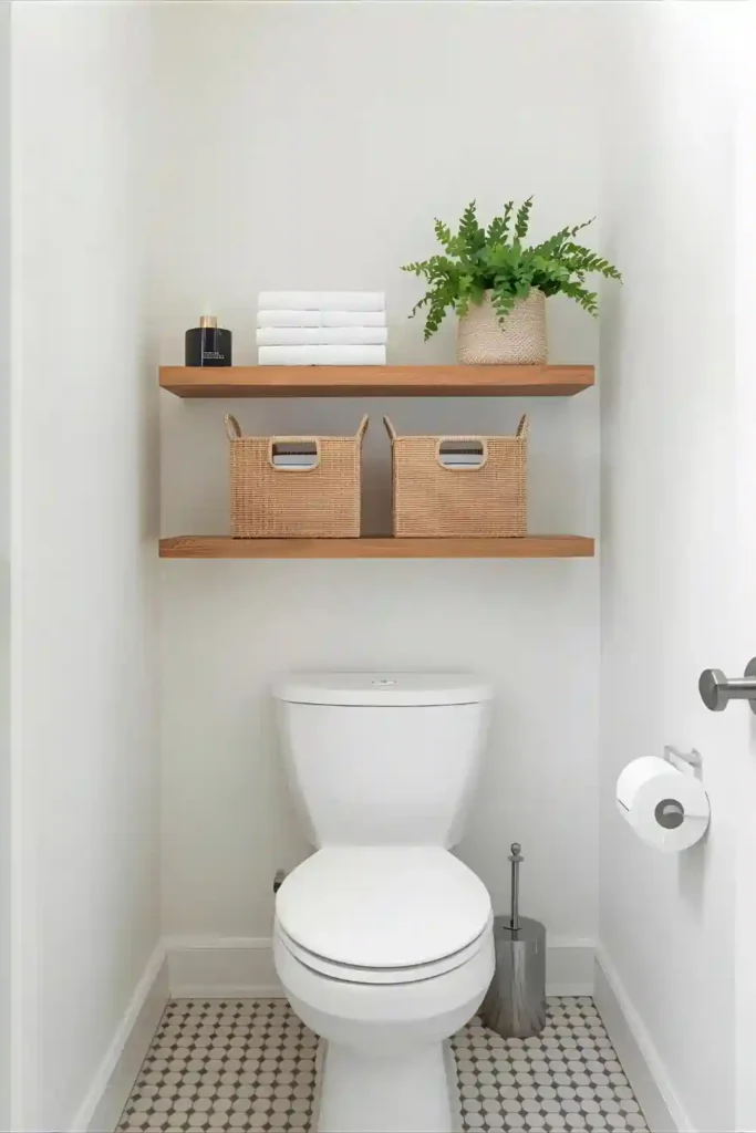 Floating bathroom shelves above the toilet holding towels and storage baskets.