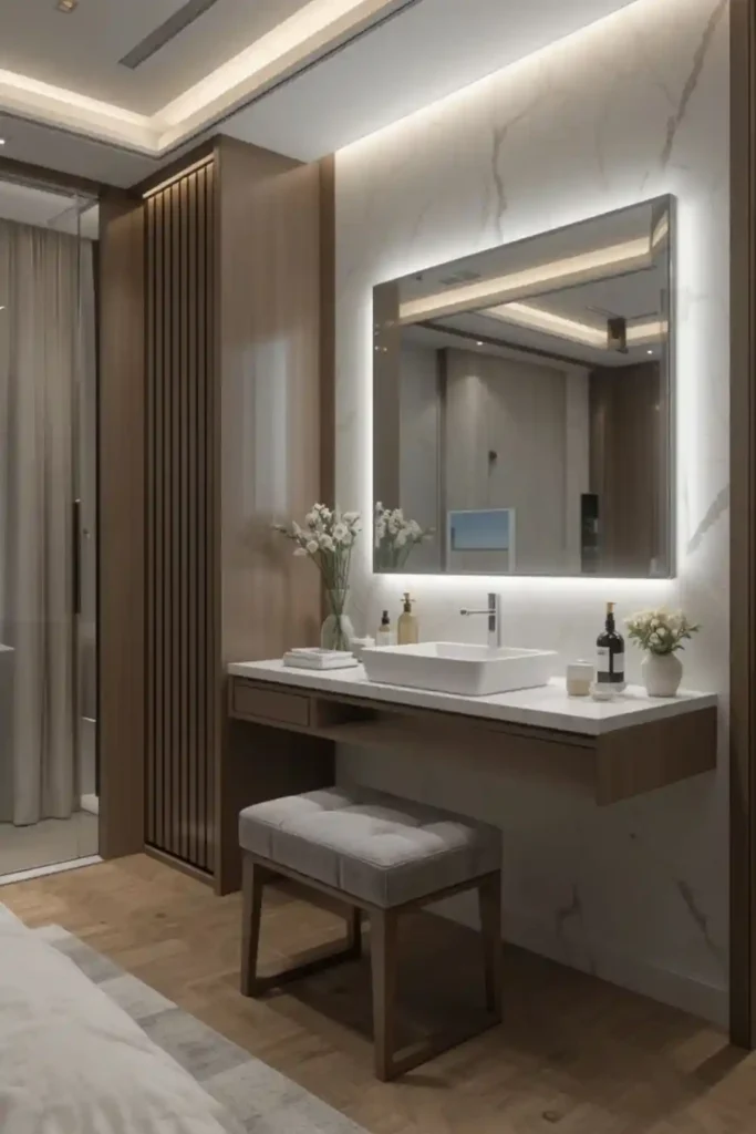 Floating vanity with wall-mounted mirror and LED lighting in a modern bedroom