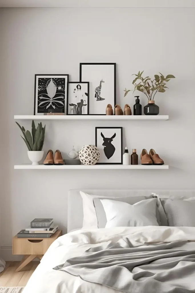 Floating wall shelves used to display and store shoes.