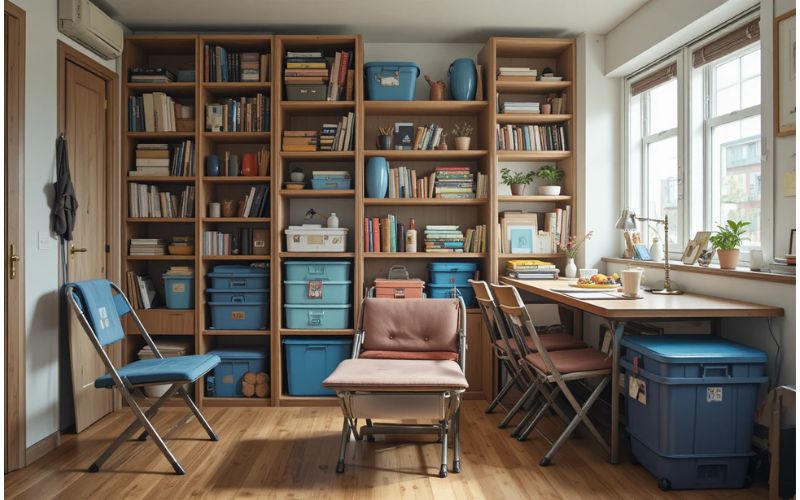 Foldable chairs, collapsible bins, and stackable tables in a compact apartment.