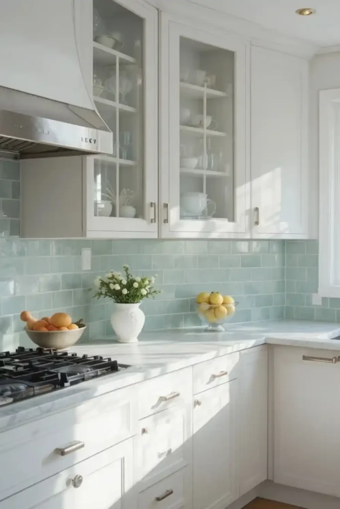 Frosted glass subway tile backsplash with white cabinets