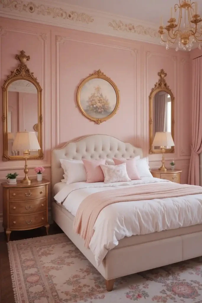 Glamorous pink bedroom with gold accents and chic decor