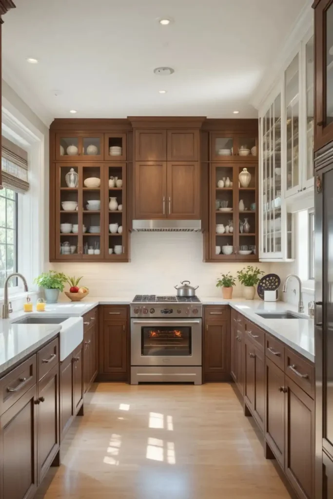 Glass cabinet doors in modern kitchen remodel for visibility and open feel