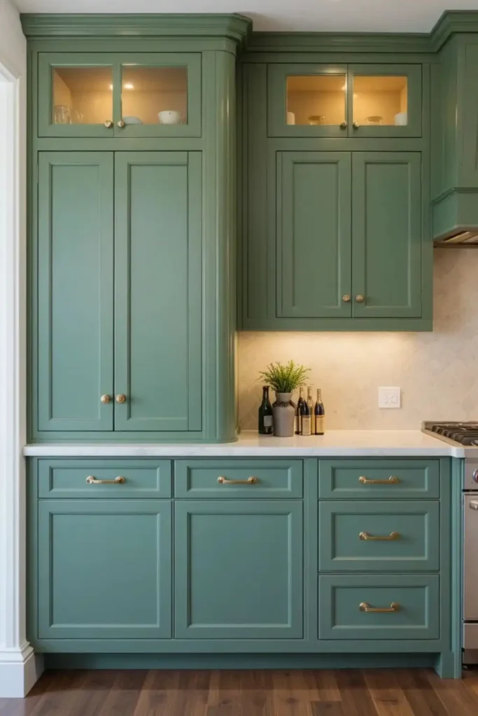 Green kitchen cabinets with brass hardware