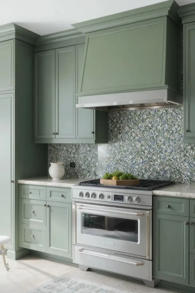Green kitchen cabinets with patterned backsplash
