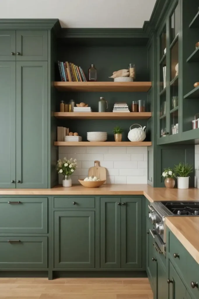 Green kitchen cabinets with natural wood accents