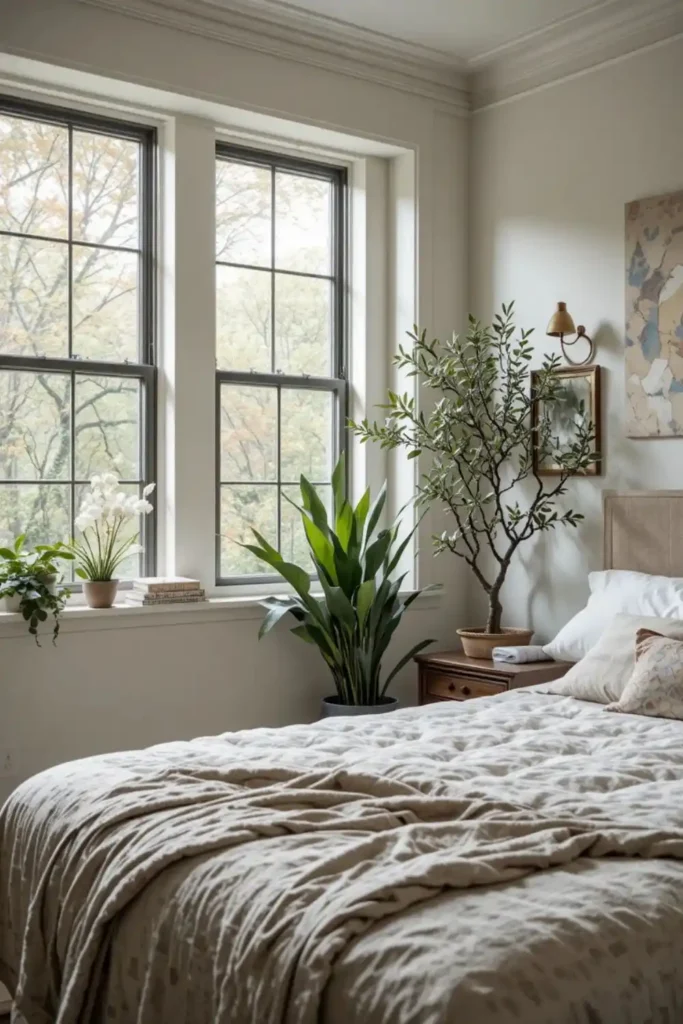 Green plants bringing life to a dark-toned bedroom