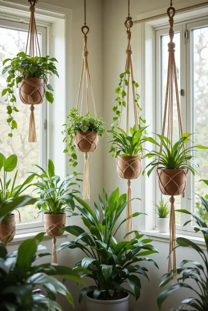 Hanging plants decorating a boho-style room