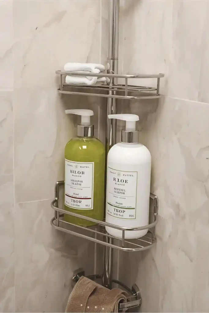 Hanging shower caddy organizing bath products in a small shower.