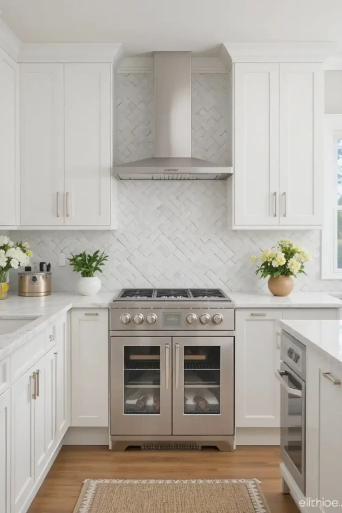 Herringbone subway tile backsplash with white cabinets