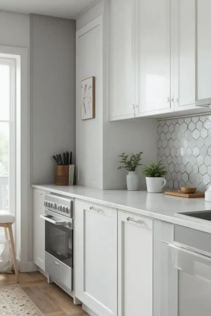 Hexagon tile backsplash in white kitchen
