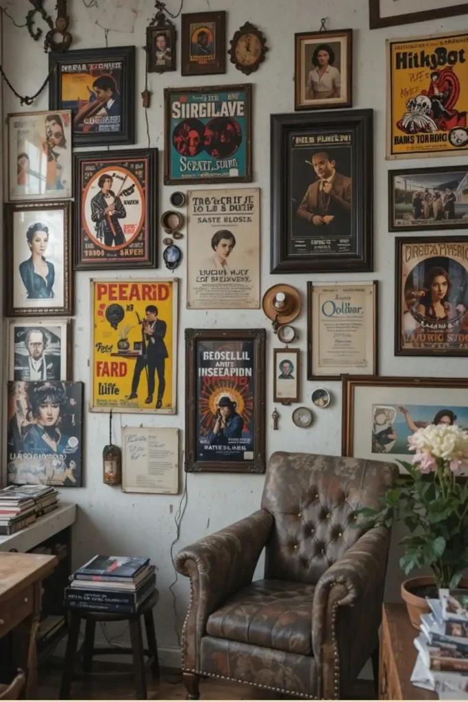 Indie room wall decorated with vintage posters and art prints