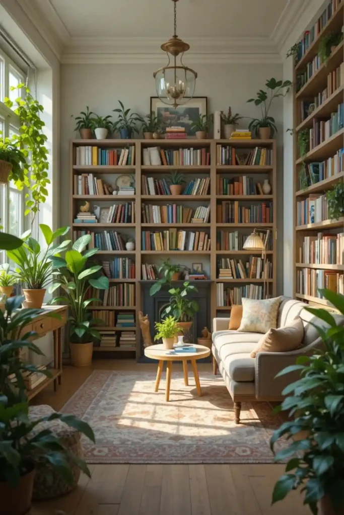 Indoor plants adding warmth to a reading room