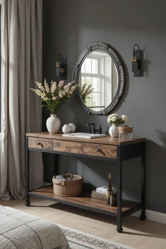 Industrial-style vanity with metal frame and wooden tabletop