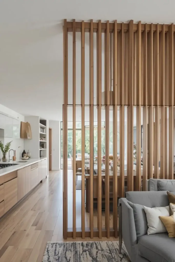 Kitchen & Living Room Divider Ideas Using Wood Panels