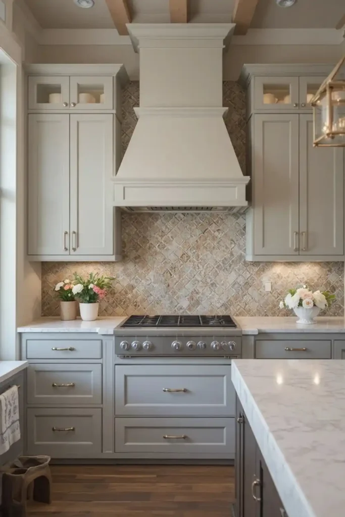 Kitchen featuring Zellige tile backsplash with neutral cabinets.
