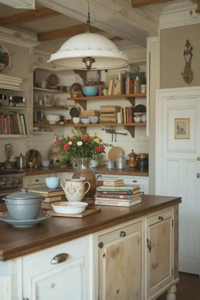 Kitchen island decorated with vintage finds