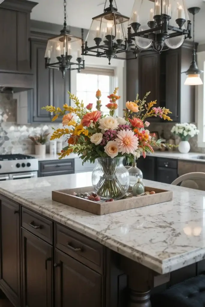 Kitchen island styled with seasonal décor