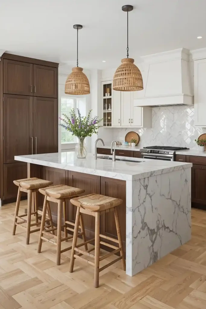 Kitchen island with layered textures and mixed materials