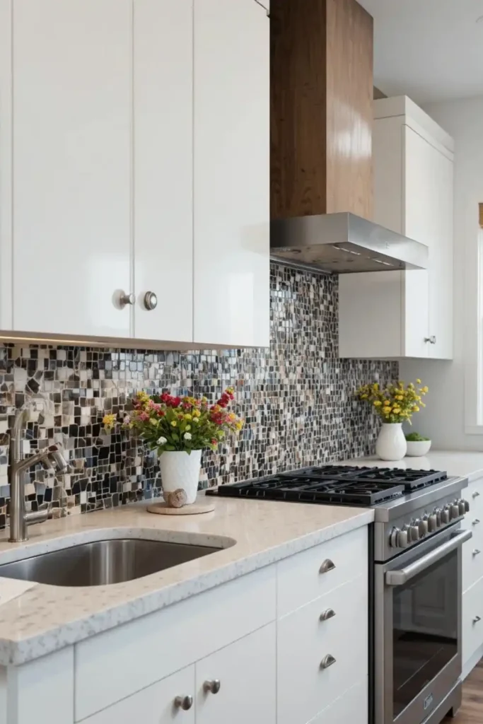 Kitchen with black and white mosaic backsplash.