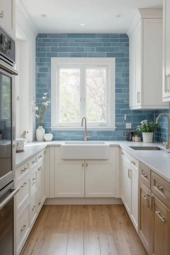Kitchen with blue subway tile backsplash and oak cabinets