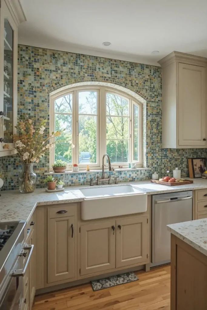 Kitchen with colorful mosaic backsplash and neutral cabinets