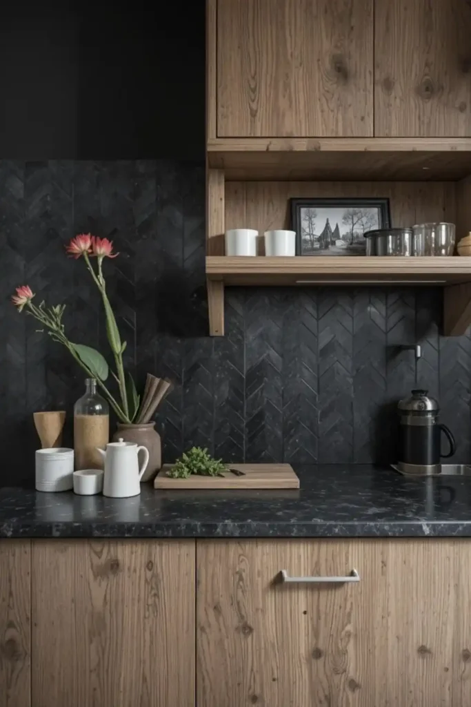 Kitchen with matte black backsplash and wood accents