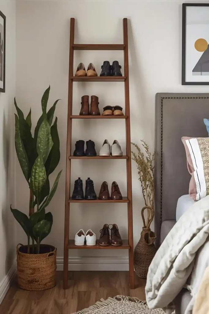 Ladder-style shelf displaying shoes in a small room.