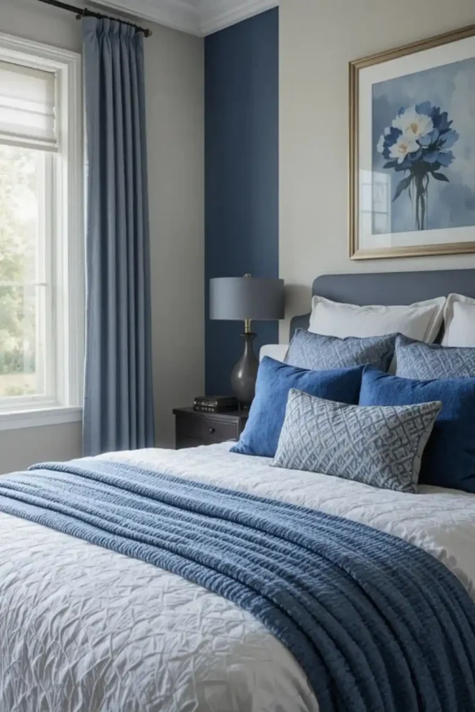 Layered blue bedroom with textured accents