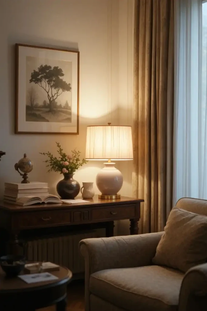 Layered lighting creating a warm reading room atmosphere