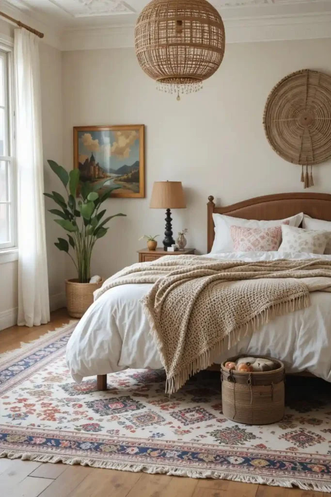 Layered rugs adding texture to a boho bedroom