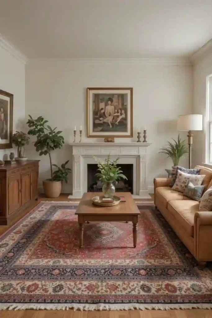 Layered rugs enhancing cozy living room.