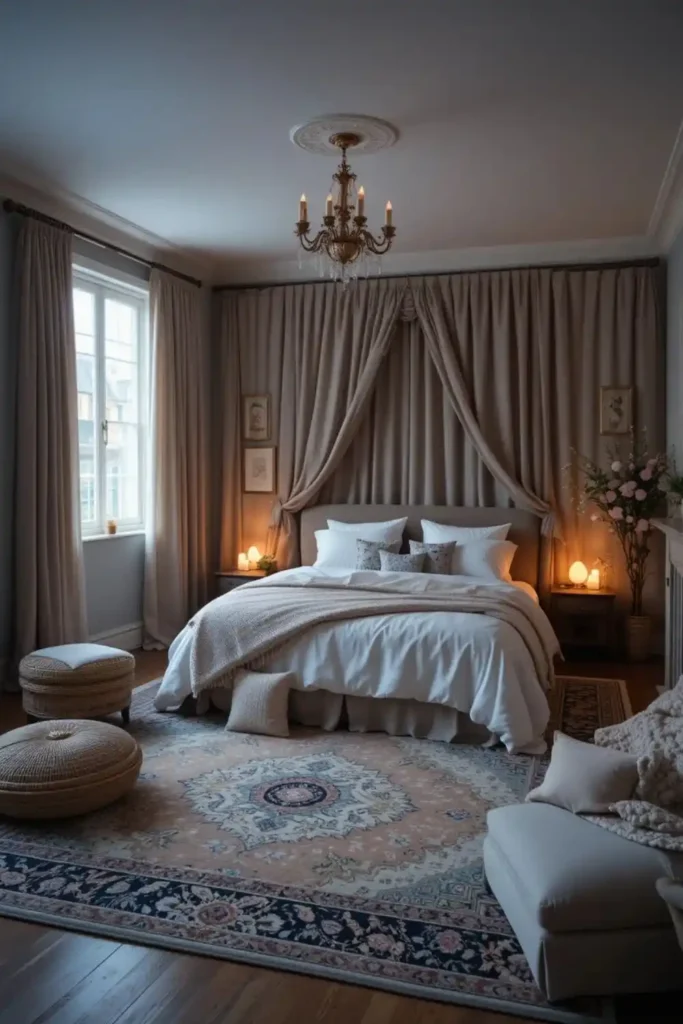Layered textures and scents enhancing moody bedroom comfort