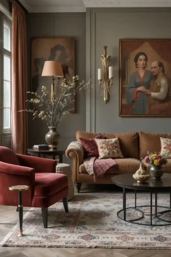 Layered textures with cushions and rugs in cozy room.