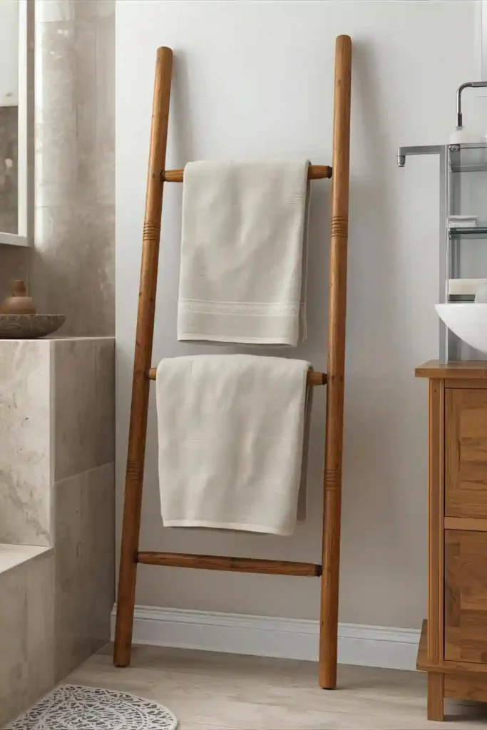 Leaning ladder rack used for towel storage in a small bathroom.