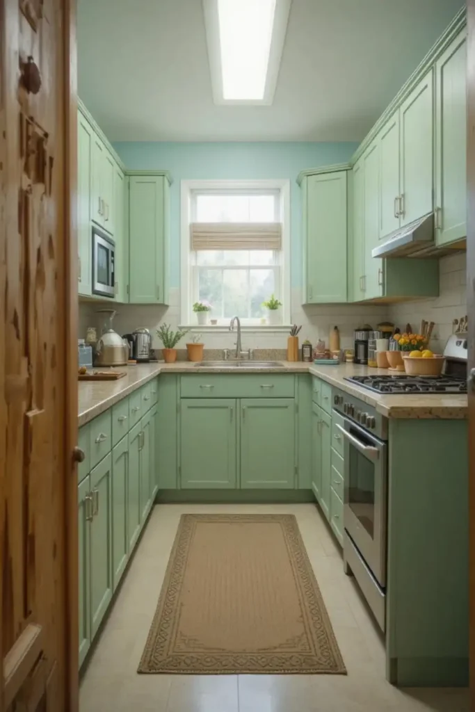 Light green kitchen cabinets in small kitchen